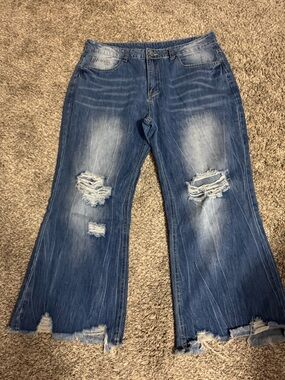Women's Distressed Wide-Leg Jeans in Faded Blue